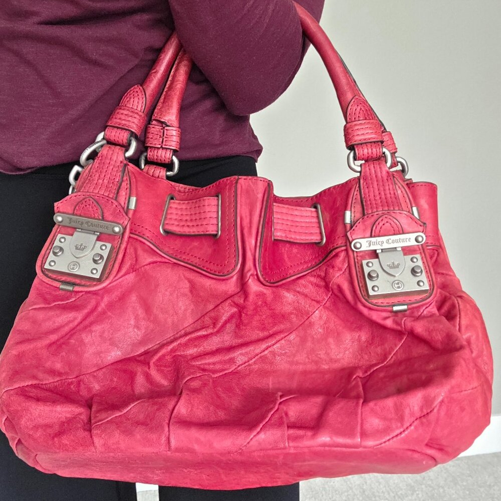 Juicy Couture Vintage Classic Pink Red Leather Shoulder Handbag Purse Bag Y2K